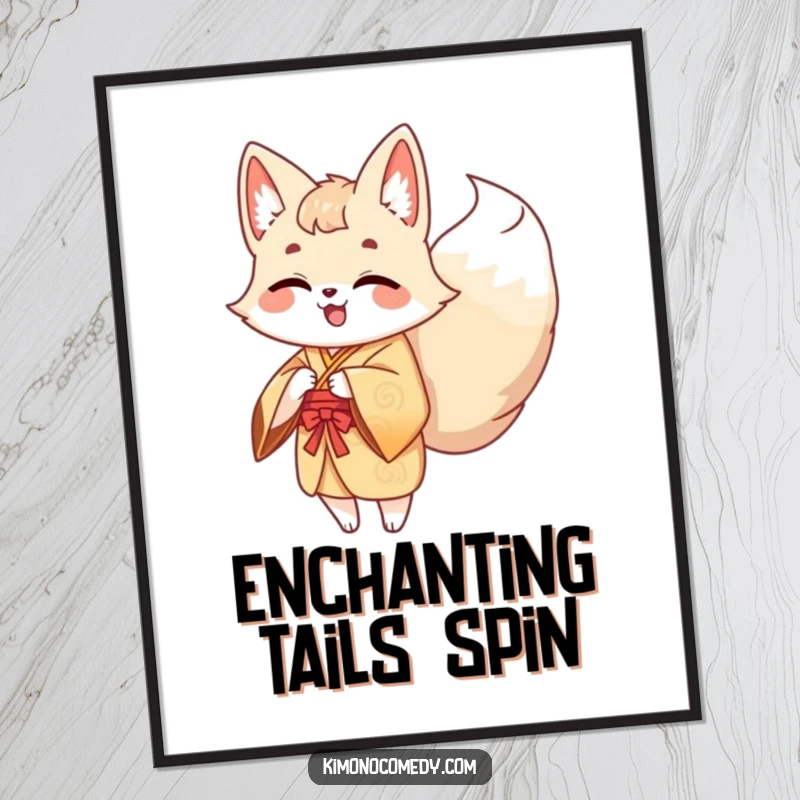 Funny Kawaii Kitsune Digital Art: A giggling fox with multiple tails, rendered in a cute, humorous style, ready to brighten your walls.
