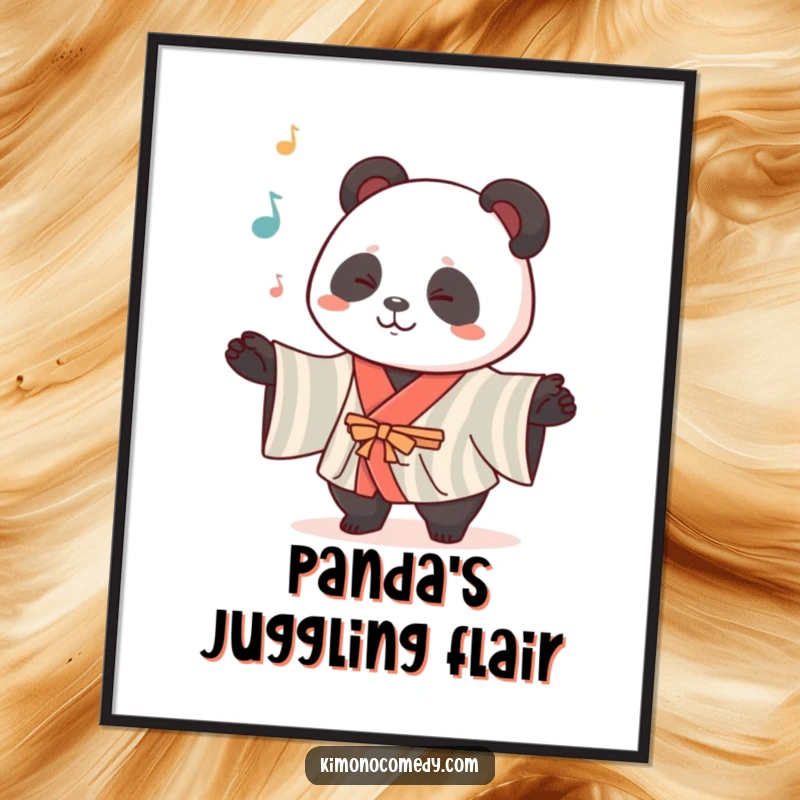 Funny Kawaii Panda Digital Art: A cute panda in a striped kimono juggles objects, capturing a moment of delightful performance and humor.