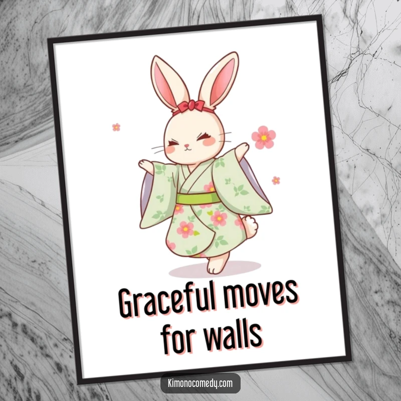 Funny Kawaii Rabbit Digital Art: A downloadable print of a rabbit in a floral kimono dancing gracefully, perfect for decor.