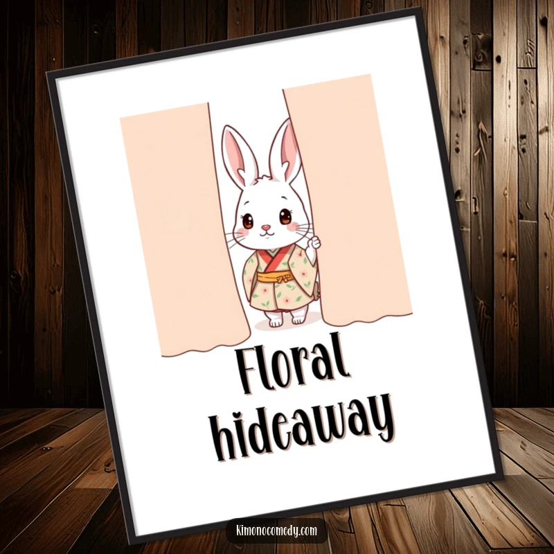 Funny kawaii rabbit digital art print, showing a rabbit in a floral kimono peeking shyly from behind a curtain, offering cute decor.