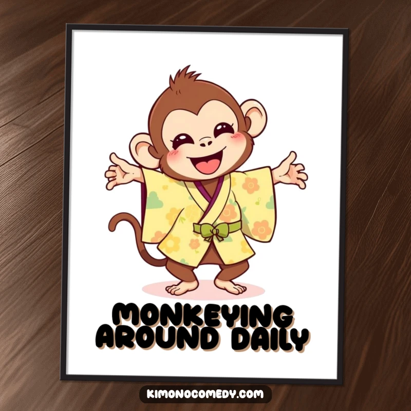 Funny digital art print of a joyful monkey in a bright kimono performing a silly flip, radiating fun.