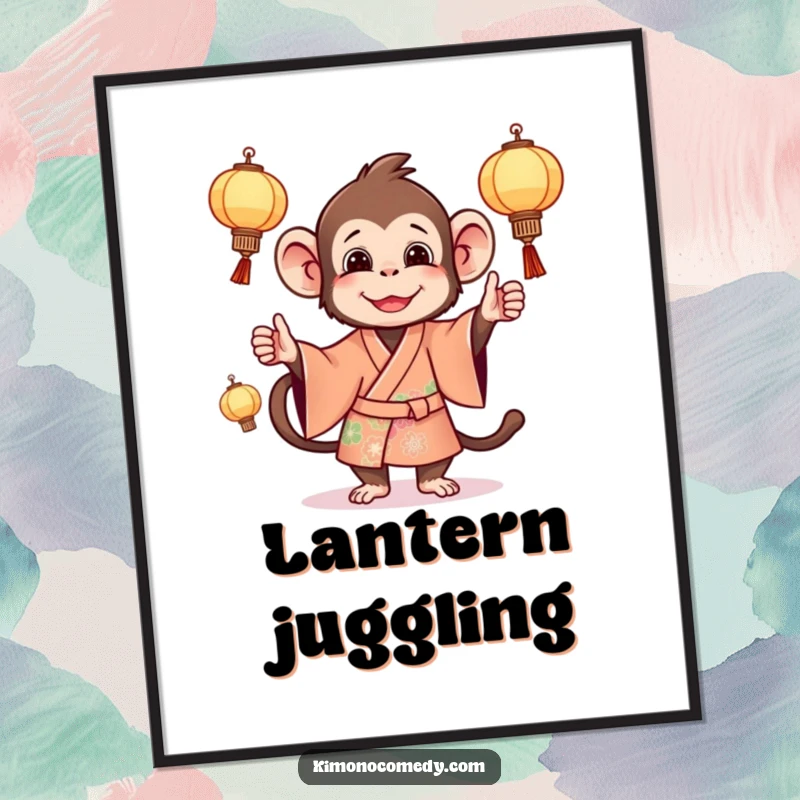 Funny monkey digital art print of a mischievous primate in a bright kimono, juggling miniature lanterns.
