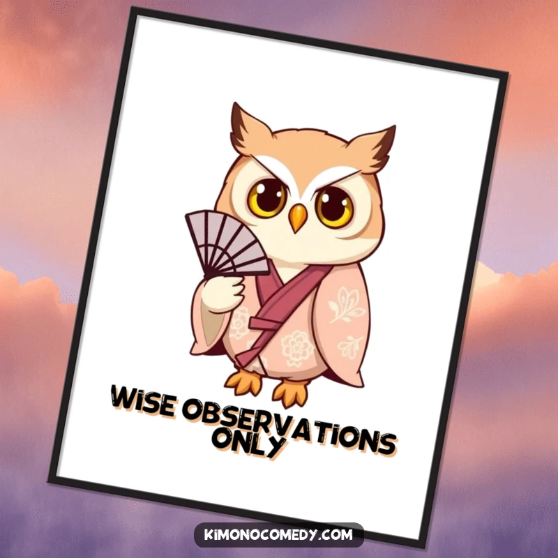 Funny owl in a detailed kimono, holding a fan, as a digital art print, offering instant humorous wall decor.