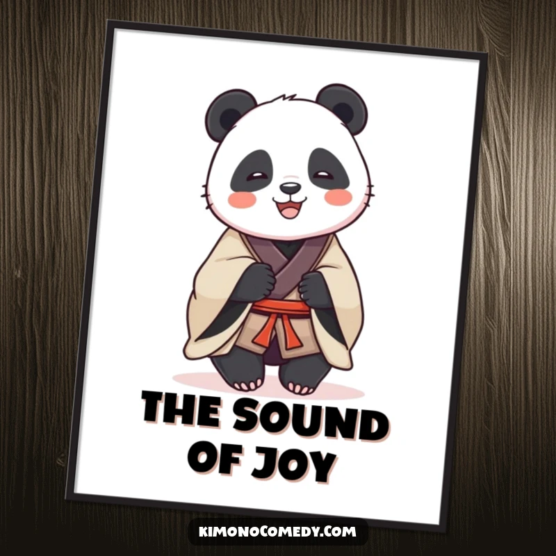 Funny digital art print of a dignified panda in a traditional kimono, sharing a warm laugh, perfect for adding sophisticated humor to walls.