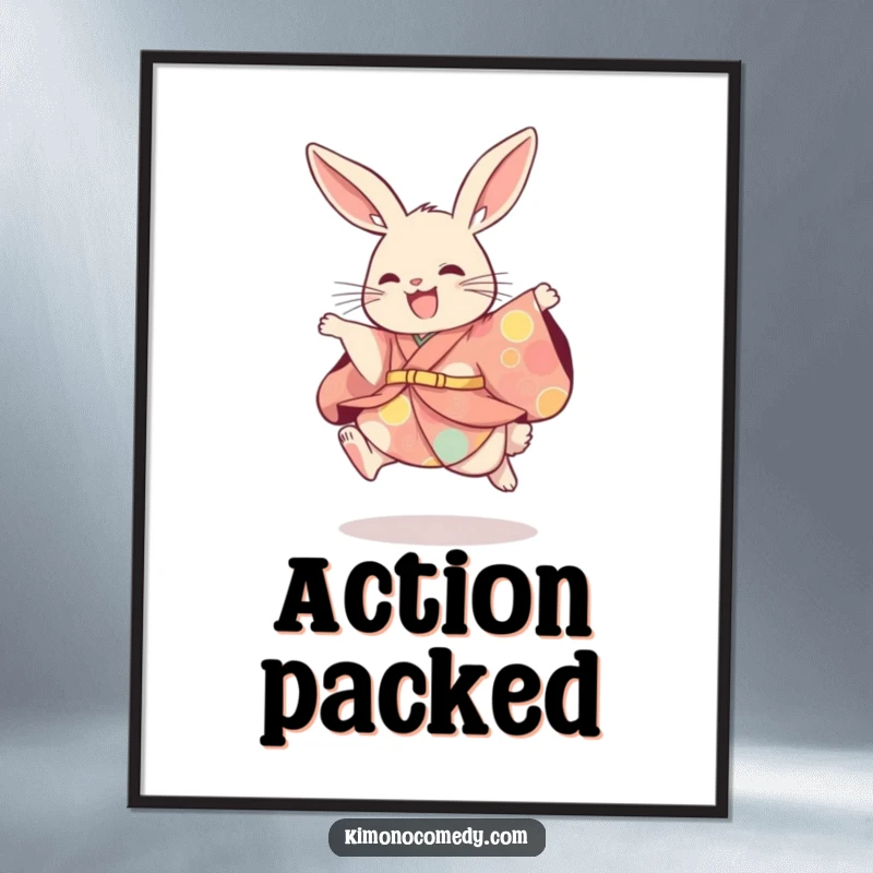 Funny rabbit in a colorful kimono, captured in a dynamic, playful leap. High-quality digital art for instant decor.