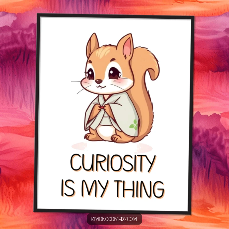 Funny squirrel in a kimono, looking curious, as a digital art print, offering instant humorous and whimsical wall decor.