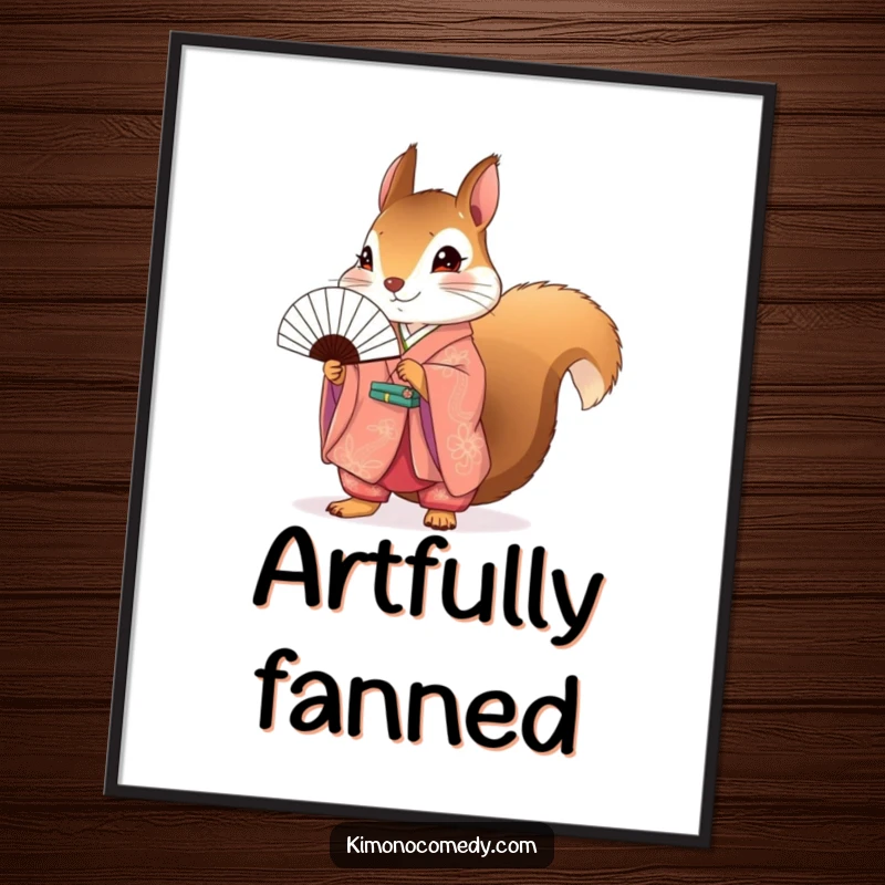 Funny Squirrel Kimono Digital Art Print of a cute squirrel in a kimono holding a fan, ready for instant download.