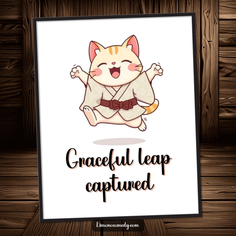 Funny cheerful kawaii cat in a patterned kimono, gracefully leaping, available as a high-resolution digital art print.