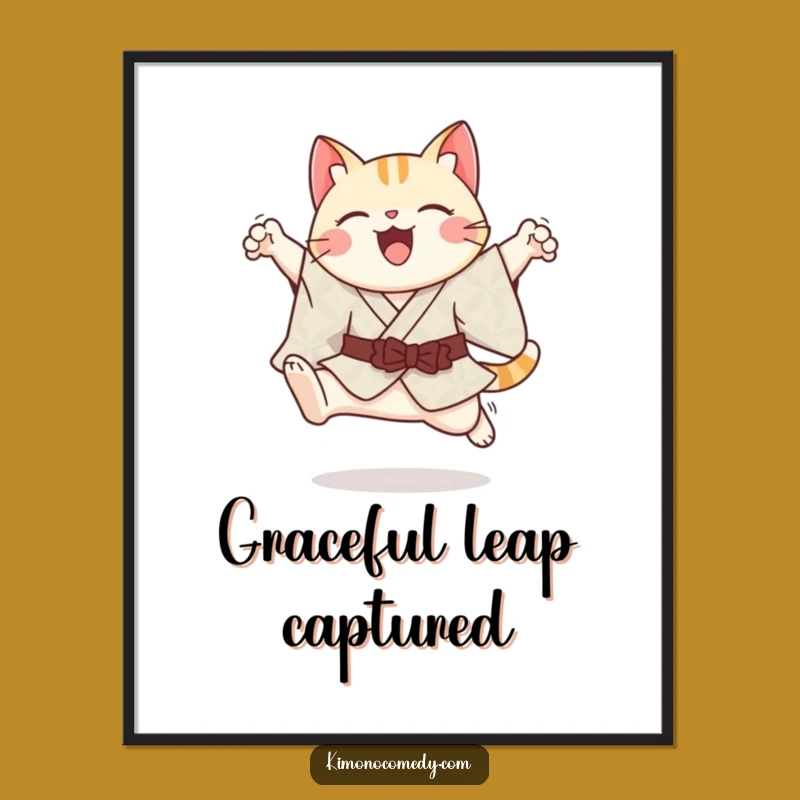 Funny Kawaii Cat Digital Art - Graceful Leap Kimono Print