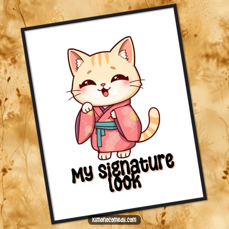 Funny Kawaii cat digital art print, illustration of a cat in a vibrant kimono striking a funny pose, downloadable humorous art.
