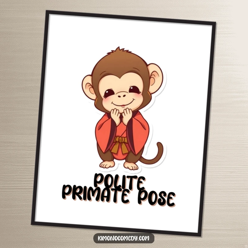 Funny digital art print of a monkey in a kimono bowing deeply with a polite smile, offering instant respectful humor for decor.