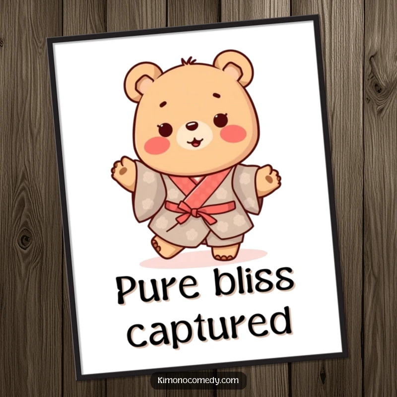 Funny Kawaii Bear Digital Art: Happy character in a traditional kimono, doing a little happy shuffle, perfect for instant download decor.