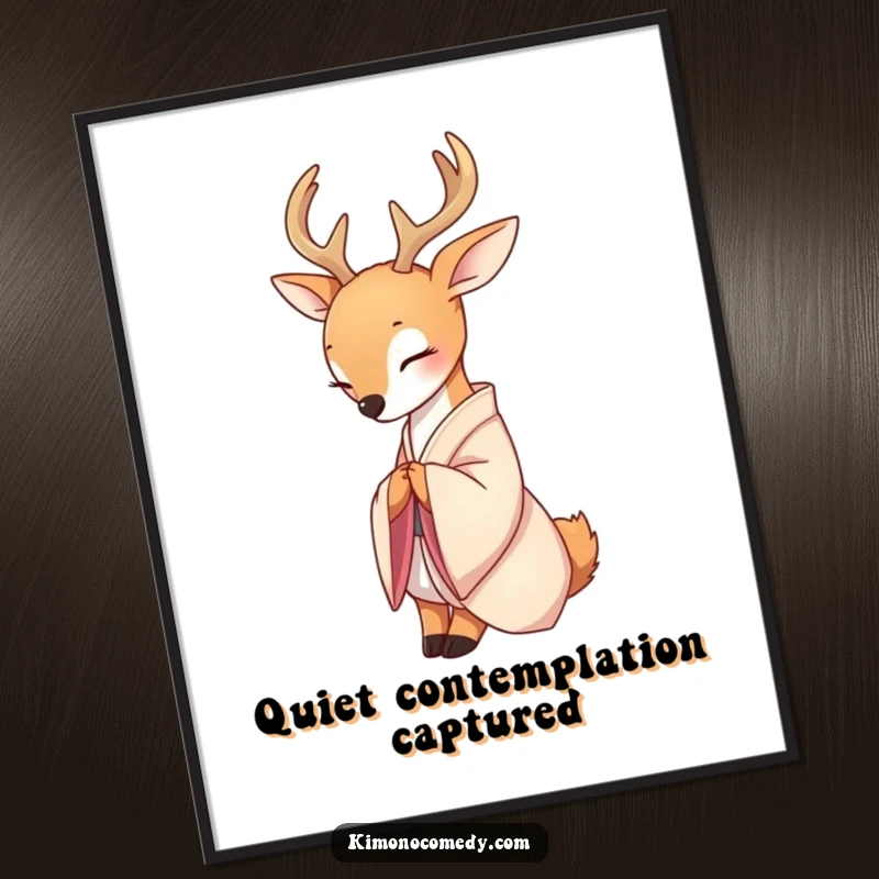 Funny digital art print of a serene deer in a delicate silk kimono, gracefully bowing, perfect for adding peaceful elegance to any room.