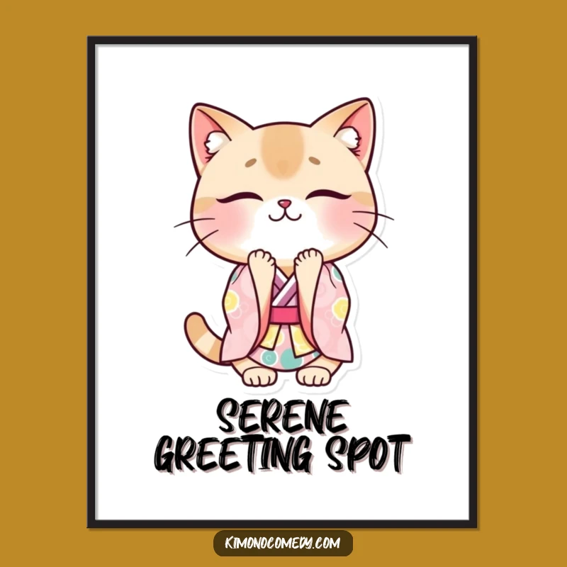 Funny Cat Kimono Digital Art: Kawaii Japanese Print, Polite Bowing Cat Decor Gift