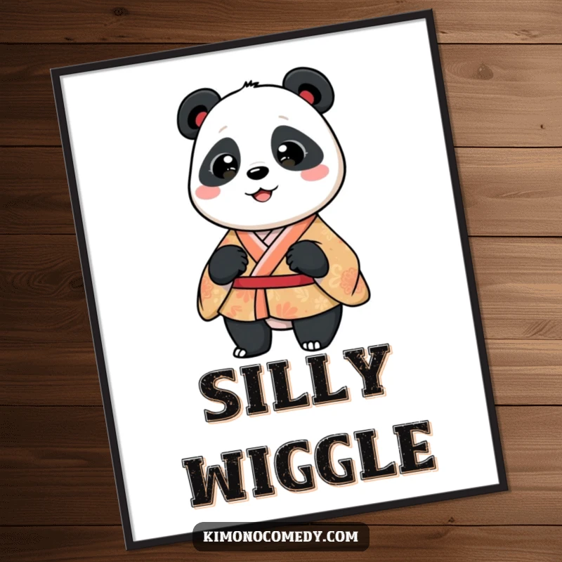 Funny panda in a patterned kimono, captured mid-silly, joyful wiggle. High-quality digital art.