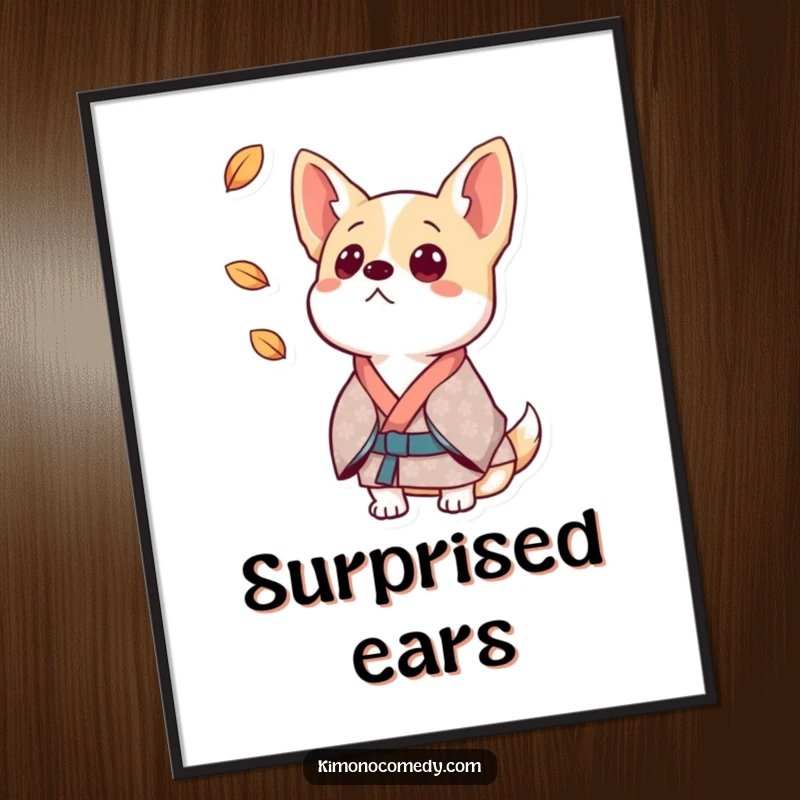 Funny dog digital art print of a surprised dog in a patterned kimono, ears perked at a falling leaf.