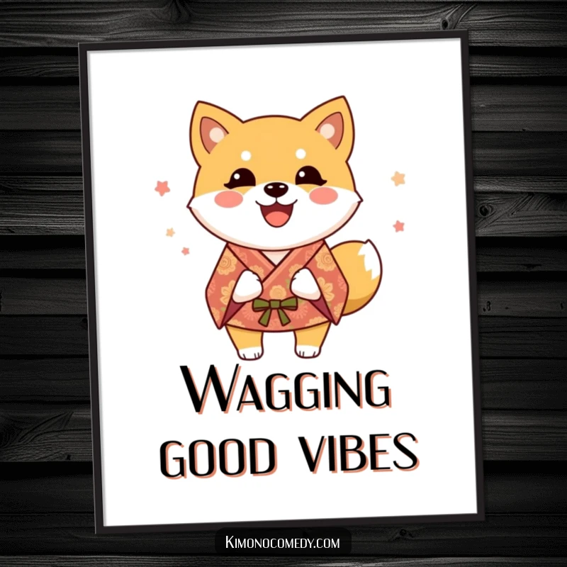 Funny Shiba Inu Digital Art Print: A happy dog in a festive kimono, celebrating with a joyful, energetic tail wag.