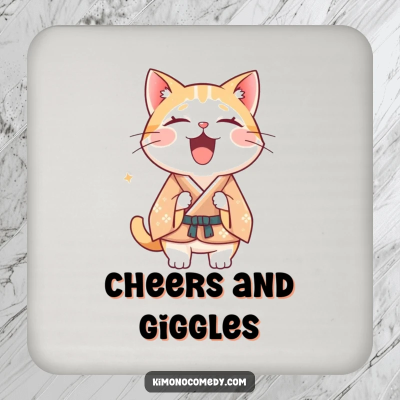Funny Kawaii cat drink coaster, protects surfaces with a cat in a formal kimono laughing, humorous table accessory.