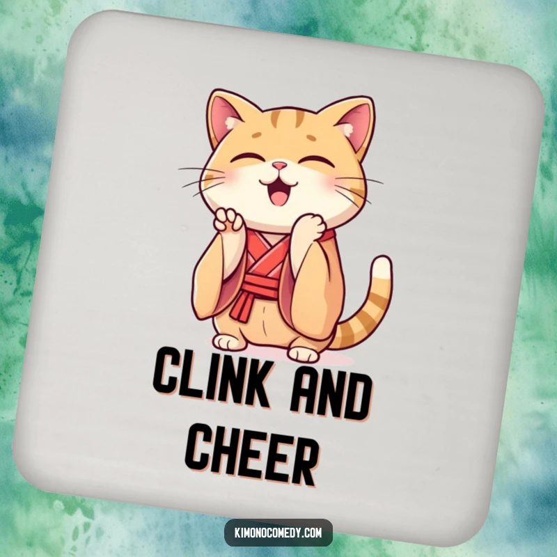 Funny Kawaii cat drink coaster, protects surfaces with a cat in a silk kimono clapping paws, humorous table accessory.