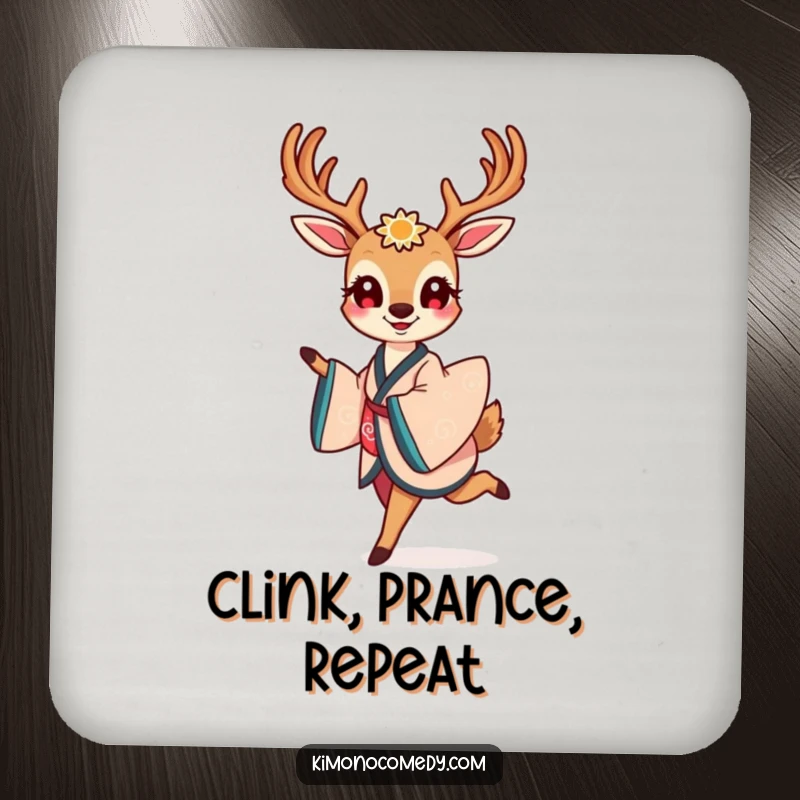 Funny drink coaster featuring a smiling kawaii deer in an elegant kimono, gracefully prancing, adding charm and surface protection.