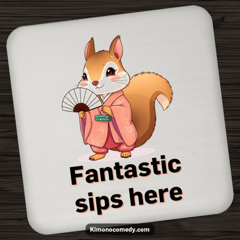 Funny Squirrel Kimono Coaster featuring a cute squirrel in a kimono, perfect for protecting furniture with style.