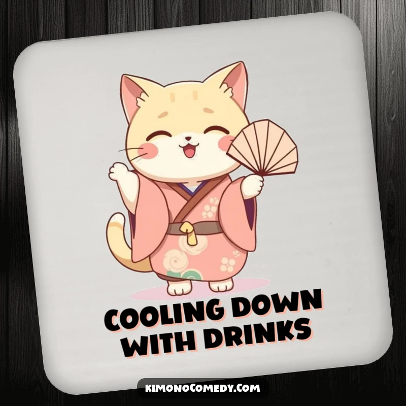 Funny cat fan coasters featuring a kawaii cat in a festive kimono, joyfully waving a fan, protecting surfaces with style.