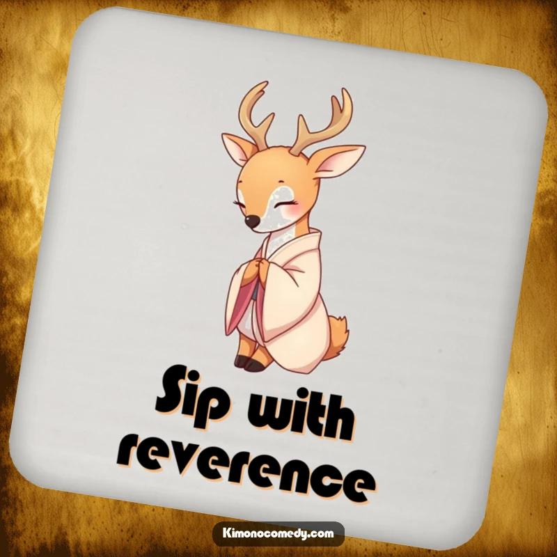 Funny drink coaster with a serene deer in a delicate silk kimono, gracefully bowing, adding a touch of peaceful elegance to any surface.