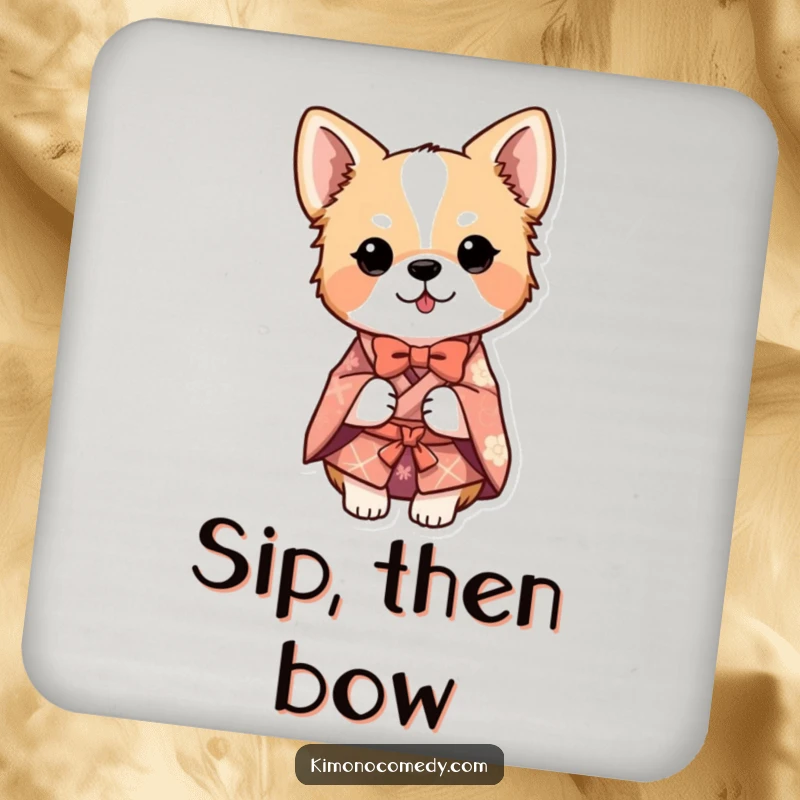 Funny dog in a detailed kimono, performing a bow, designed as a humorous drink coaster for table protection.
