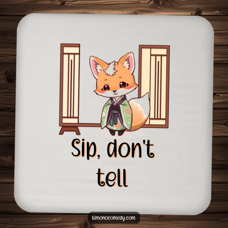 Funny drink coaster featuring a fox in an elegant kimono playfully peeking from behind a paper screen, protecting surfaces with mysterious humor.