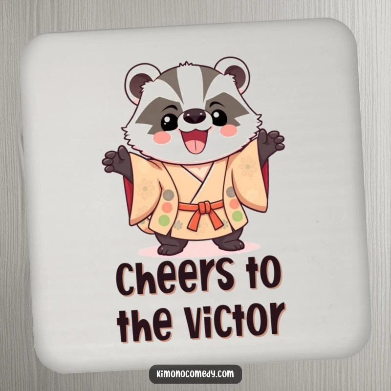 Funny Kawaii Badger Coaster: A triumphant badger in a kimono confidently poses, adding humor and protection to your tabletop.