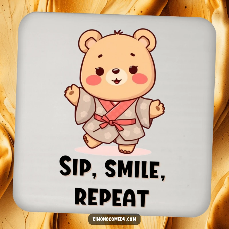 Funny Kawaii Bear Drink Coaster: Happy character in a traditional kimono, doing a little happy shuffle, protecting surfaces with joy.