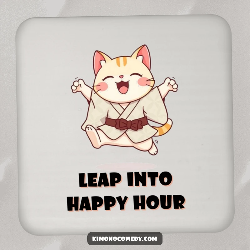 Funny cheerful kawaii cat in a patterned kimono, performing a graceful leap, as a protective drink coaster.