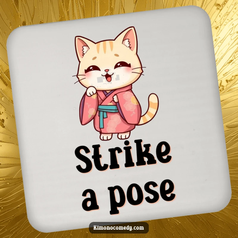 Funny Kawaii cat drink coaster, protects surfaces with a cat in a kimono striking a funny pose, humorous table accessory.