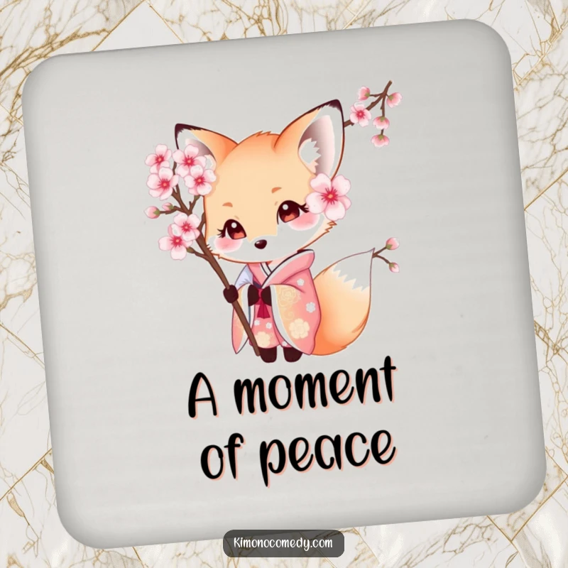 Funny Kawaii Fox Drink Coaster: Shy character in a beautiful kimono, peeking from behind a cherry blossom, adding elegance to table settings.