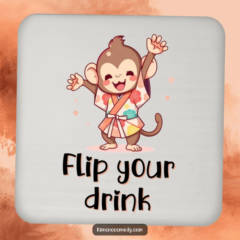Funny Kawaii Monkey Coaster: A cute monkey in a festive kimono doing a flip on a protective coaster.
