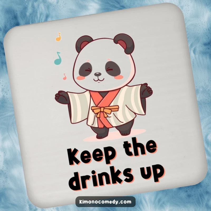 Funny Kawaii Panda Drink Coasters: A cute panda in a striped kimono juggles, offering humorous protection for your surfaces.