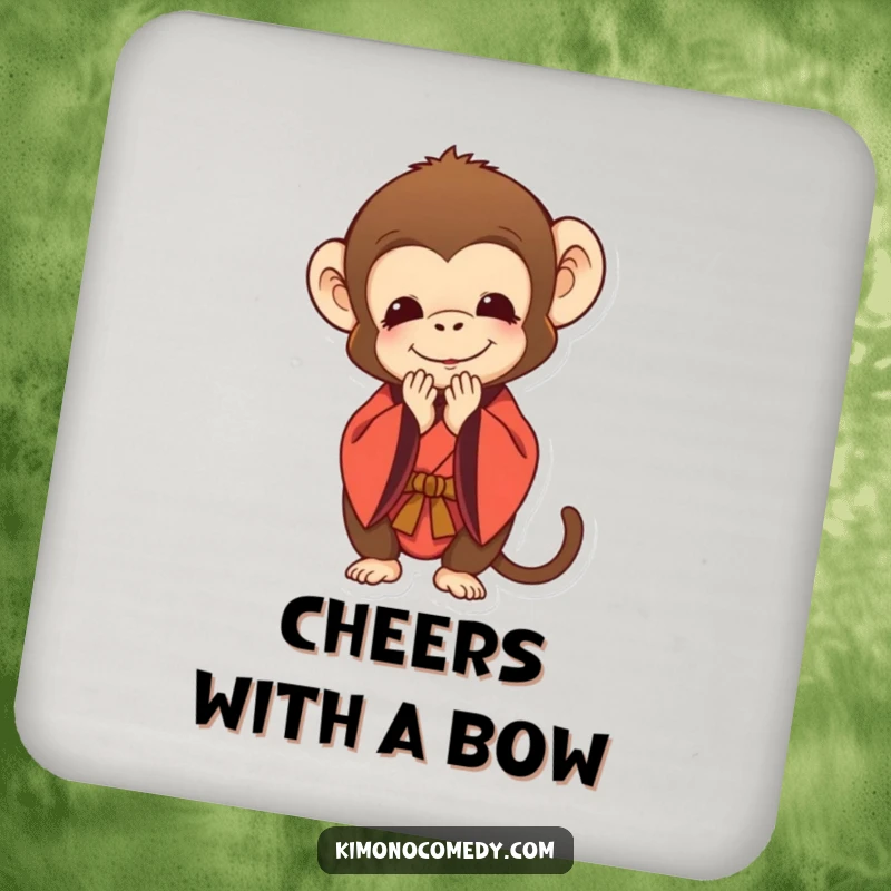 Funny drink coaster featuring a monkey in a kimono bowing deeply with a polite smile, protecting surfaces with respectful humor.