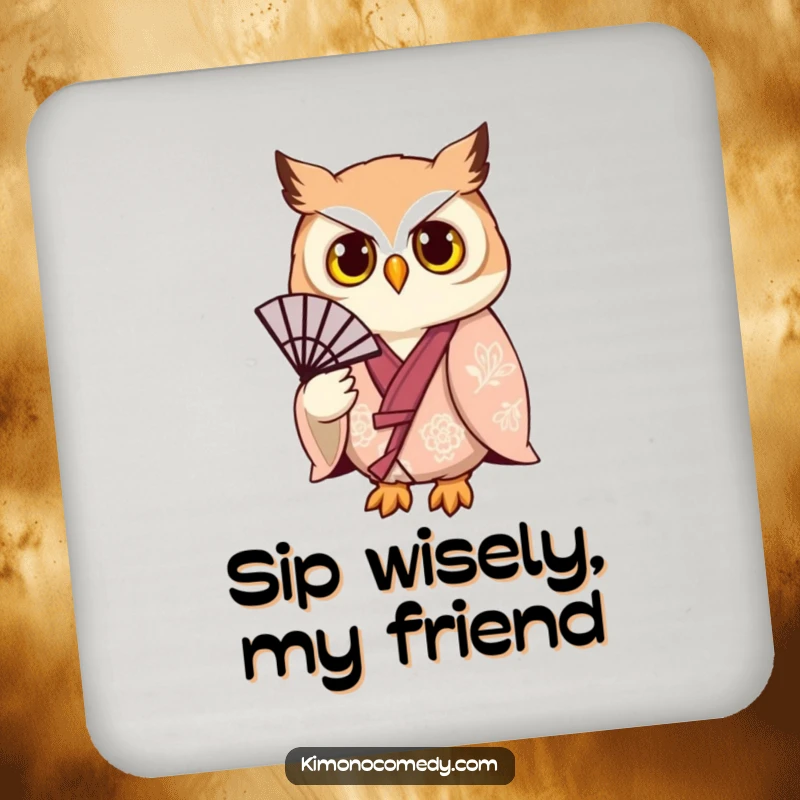 Funny owl in a stylish kimono, holding a fan, designed as a humorous drink coaster for table protection.
