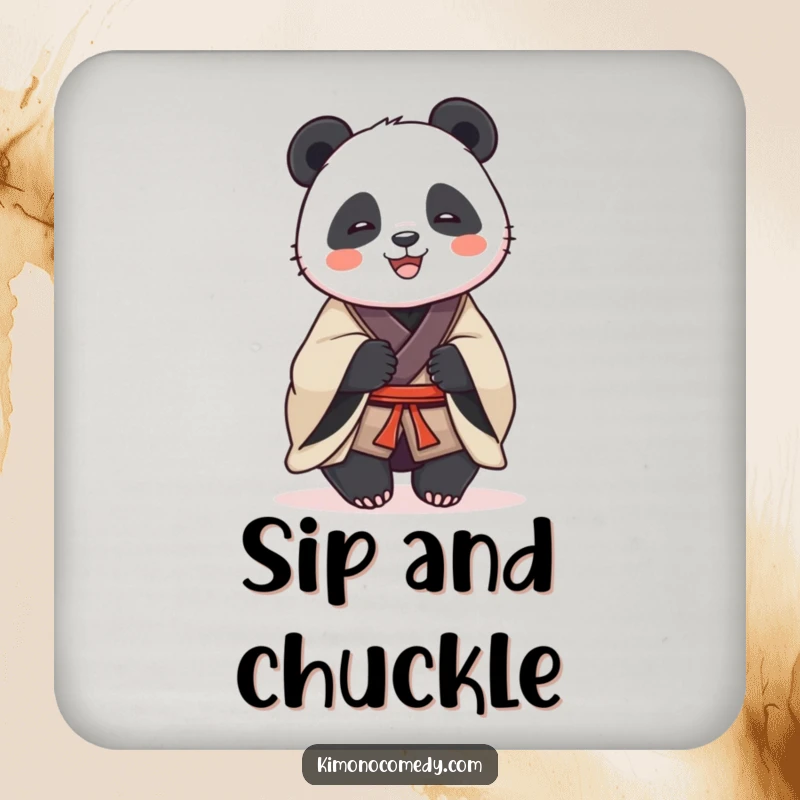 Funny drink coaster with a dignified panda in a traditional kimono, sharing a hearty laugh, adding a touch of class and humor.