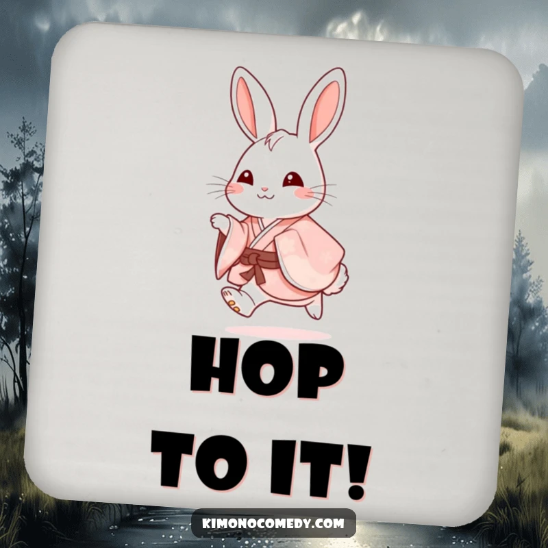 Funny Coasters: A happy rabbit in a fancy kimono hops with glee, protecting surfaces with cute charm and a touch of humor.