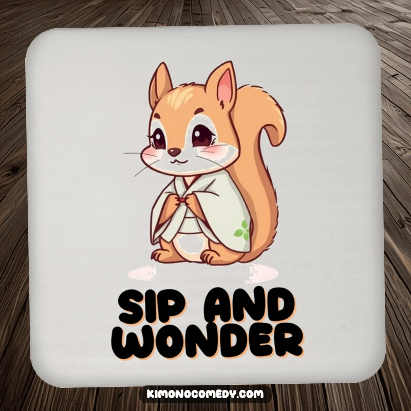 Funny squirrel in a kimono, looking curious, designed as a humorous drink coaster for table protection.