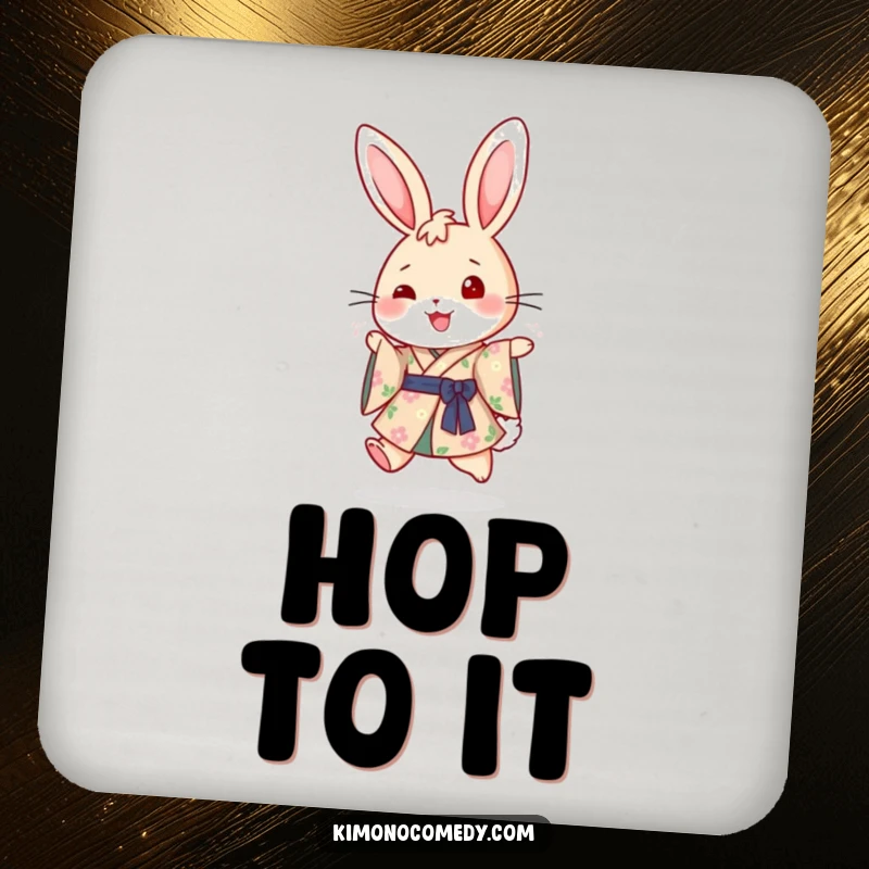 Funny drink coaster with a cheerful rabbit in a floral kimono, joyfully hopping, protecting surfaces with adorable style and a touch of whimsy.