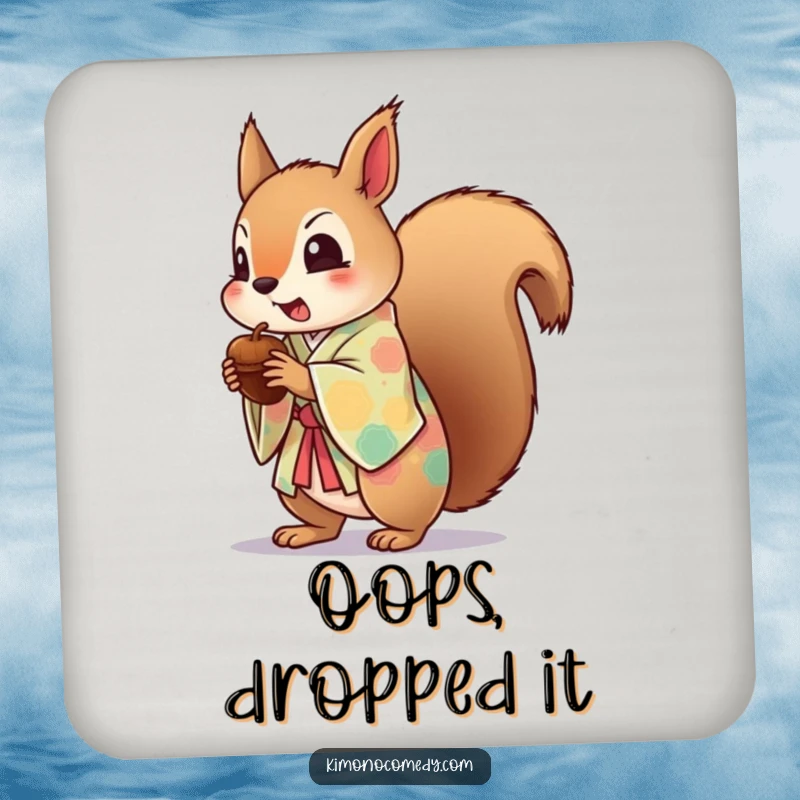 Funny drink coaster featuring a startled kawaii squirrel in a colorful kimono, dropping an acorn, protecting surfaces with humor.