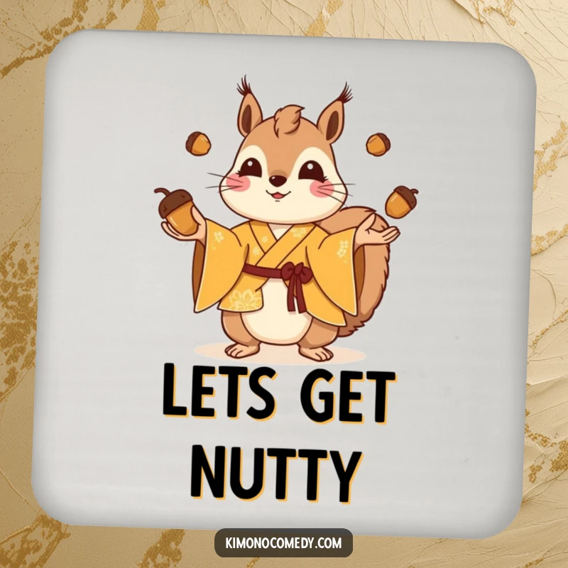 Funny squirrel in a bright kimono juggling acorns, absorbent drink coaster, cute table protector, perfect humorous gift.