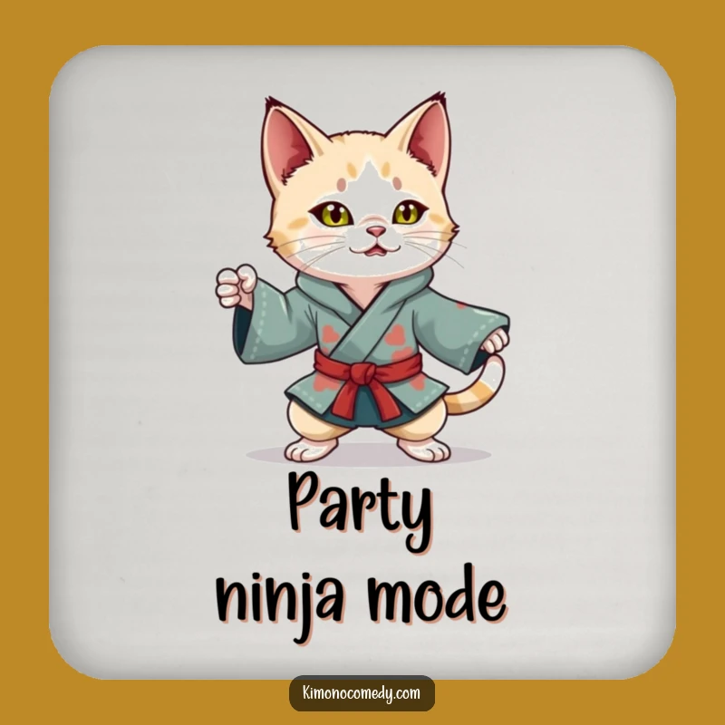 Funny Kawaii Cat Drink Coaster: Ninja Kimono Style, Perfect Party Gift!
