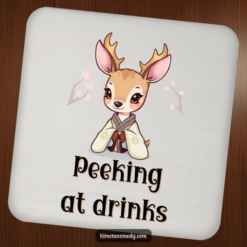 Funny Deer Kimono Coasters featuring a deer curiously peeking from an elegant kimono, perfect for home decor.