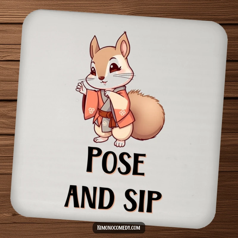 Funny kawaii squirrel in a stylish kimono striking a pose on drink coasters, offering humorous anime-inspired table protection.