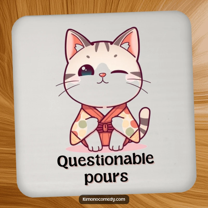 Funny Kawaii cat drink coaster, protects surfaces with a cat in a whimsical kimono tipping its head curiously, humorous table accessory.