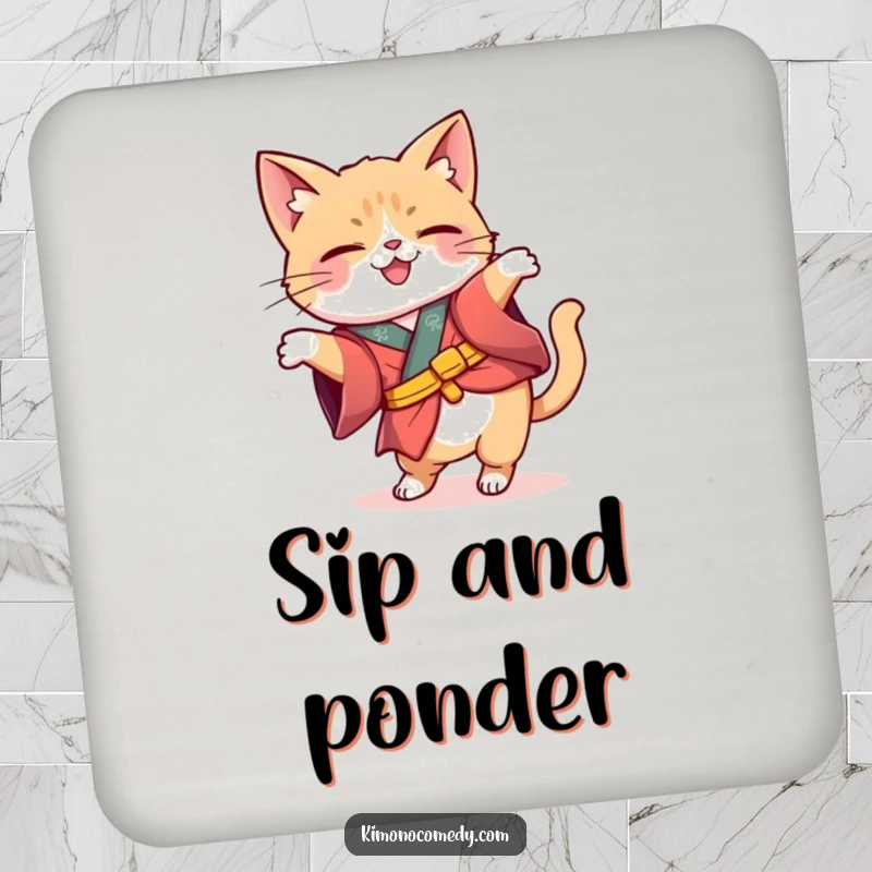 Funny Kawaii cat in a whimsical kimono tipping its head curiously, absorbent and decorative coaster with a humorous cat design.