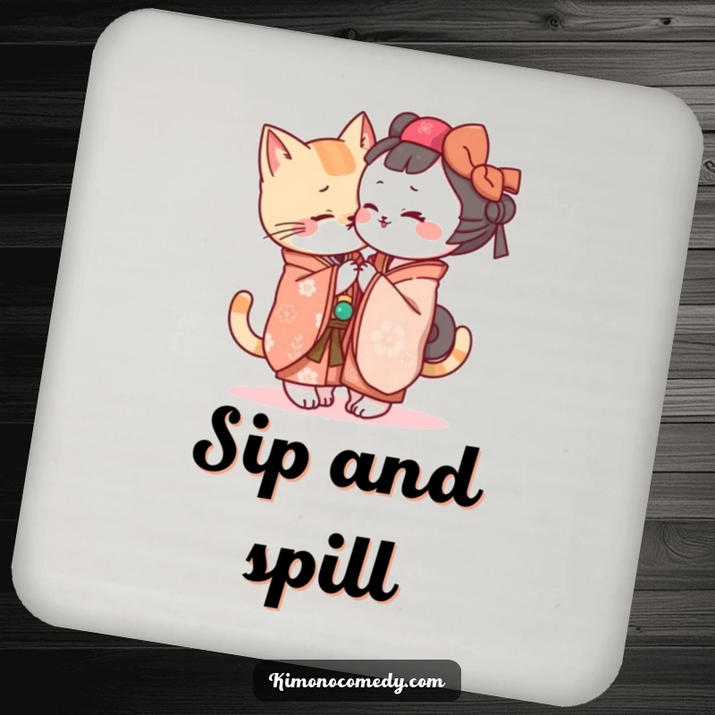 Funny Kawaii cat in a kimono whispering secrets, absorbent and humorous drink coaster for home decor.
